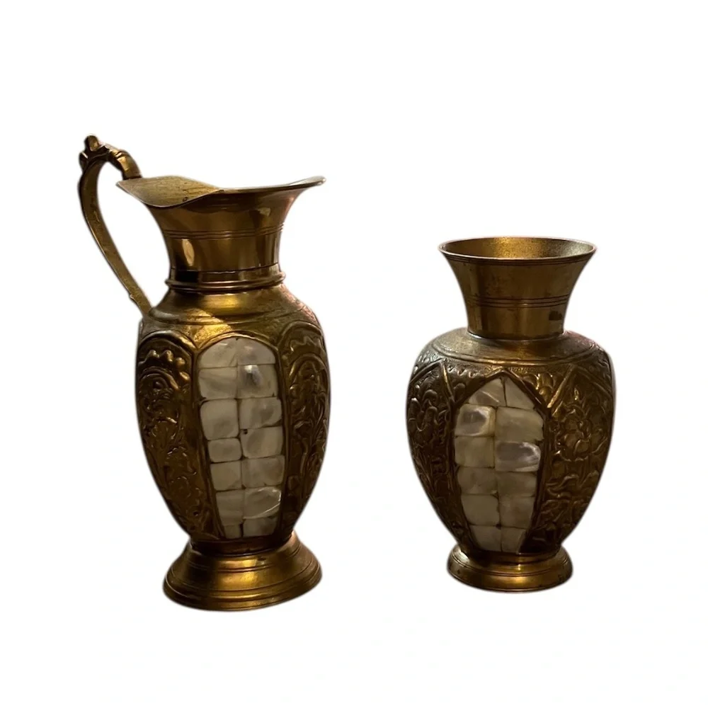 Set‎ Of 2 Vintage MCM Lacquered Brass & Mother of Pearl Inlay Vase Urn & Pitcher